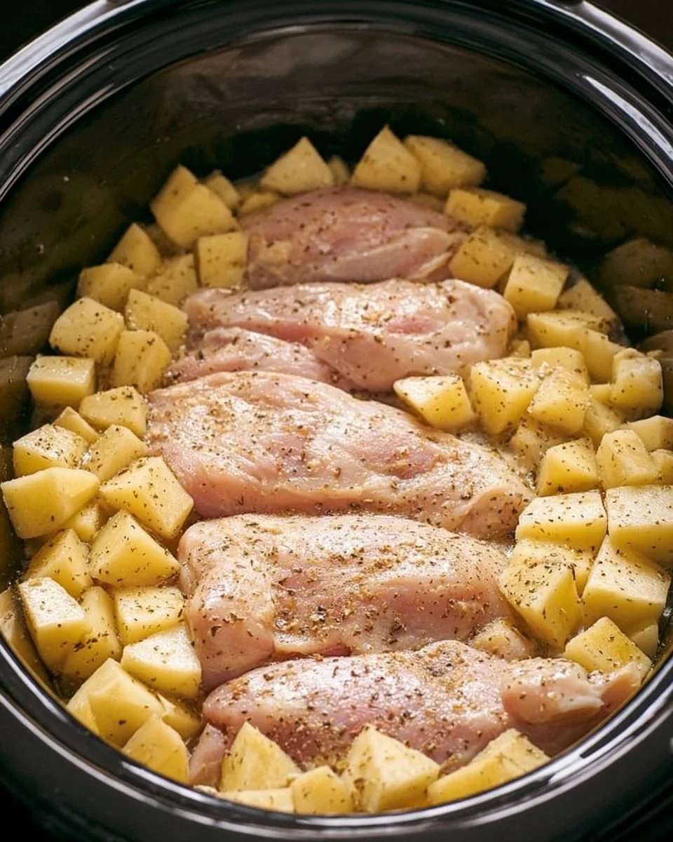 Slow cooker chicken and potatoes dish with five ingredients in a bowl