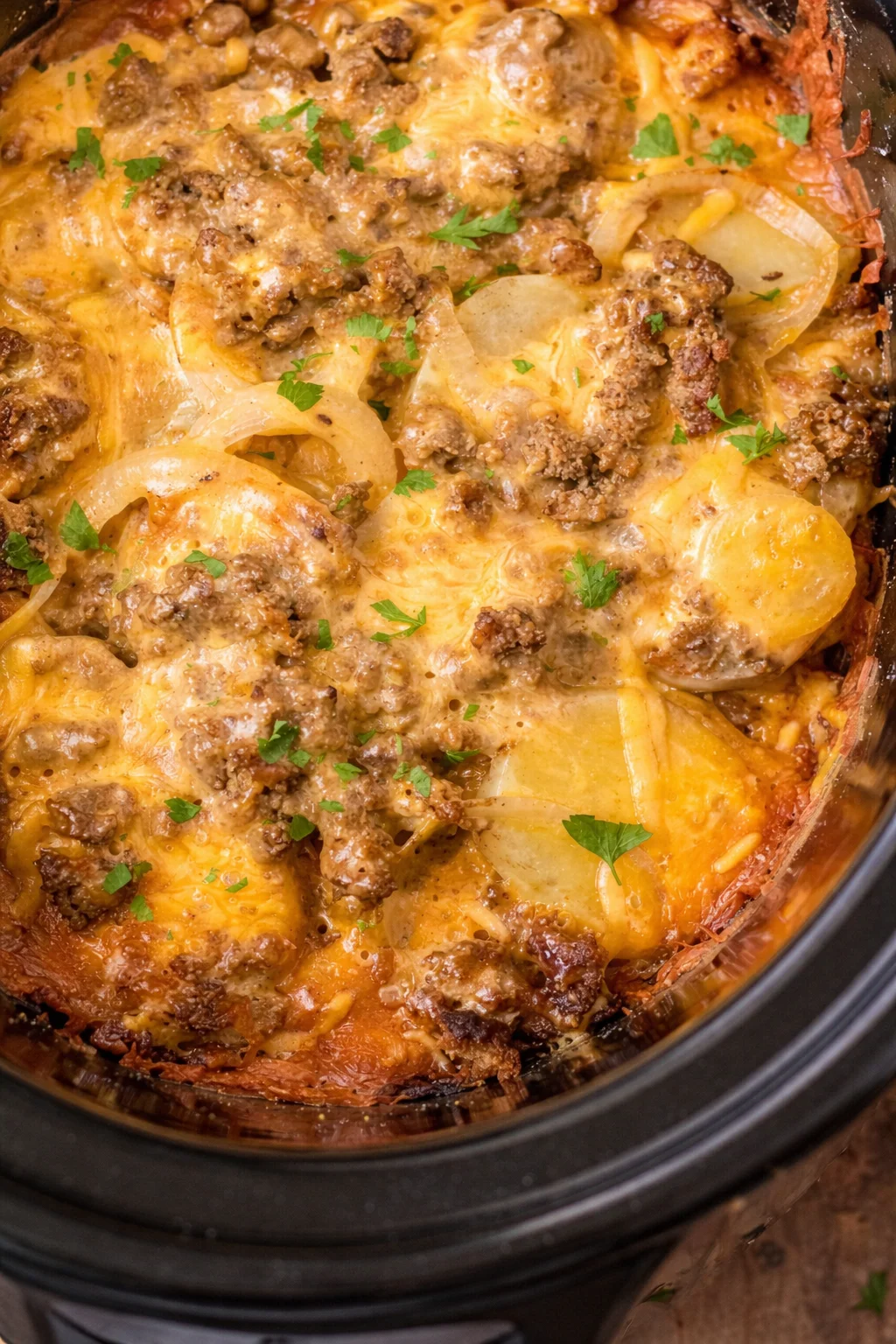 Slow Cooker Beef and Potato Au Gratin with cheese and creamy layers