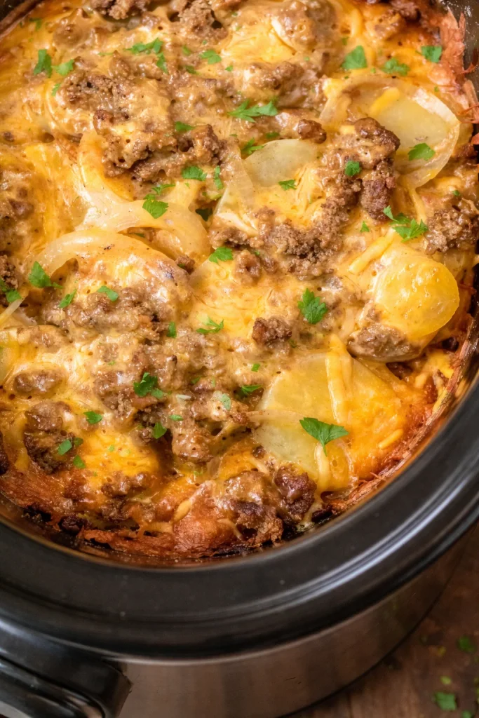 Slow Cooker Beef and Potato Au Gratin