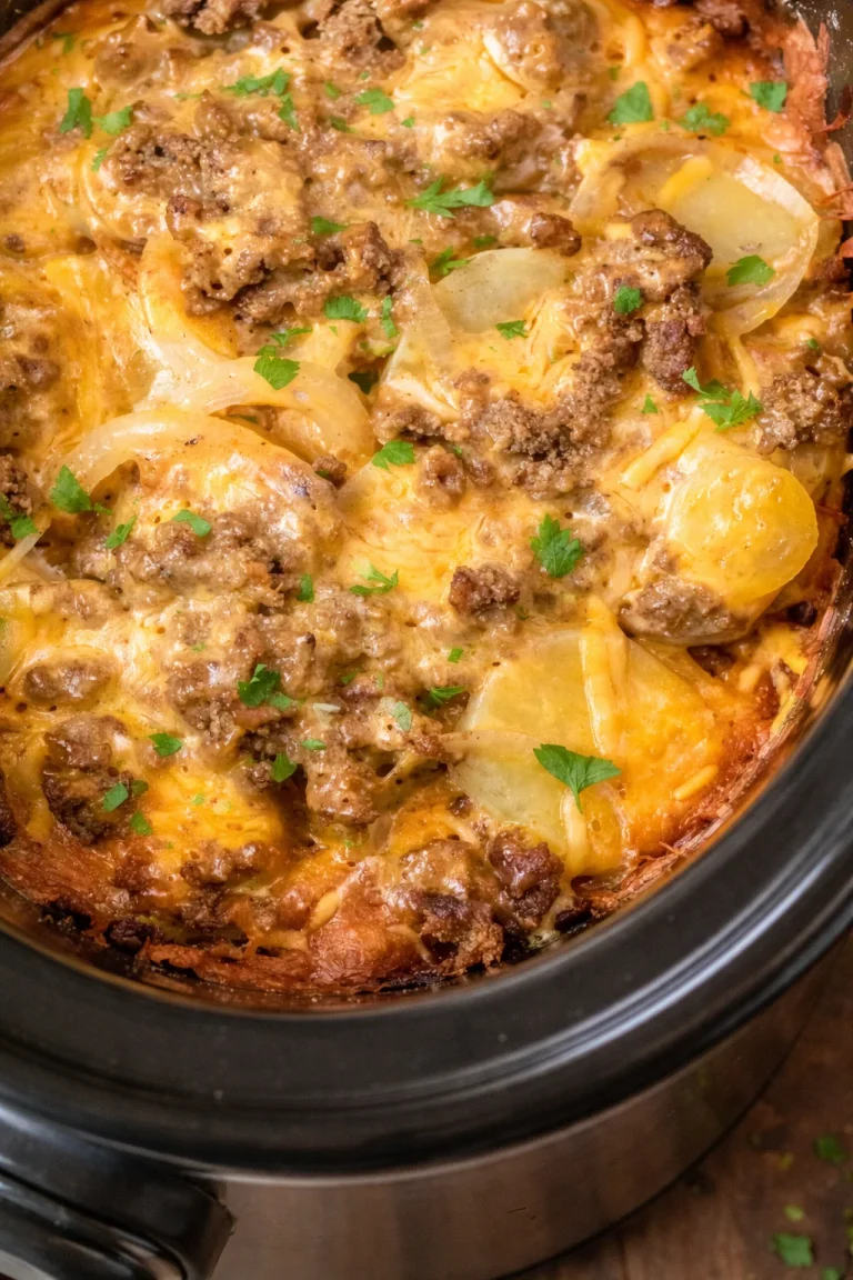 Delicious Slow Cooker Beef and Potato Au Gratin served in a bowl