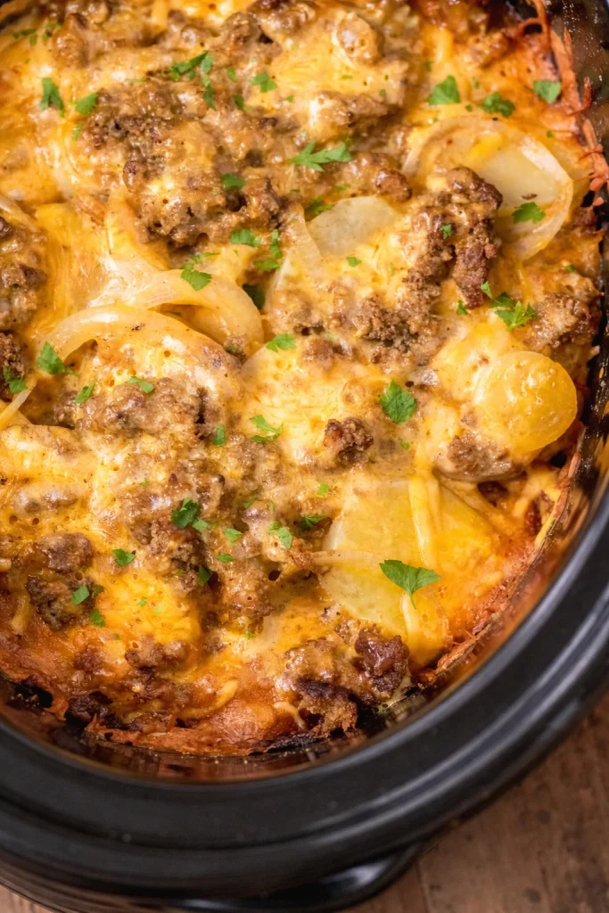 Slow Cooker Beef and Potato Au Gratin