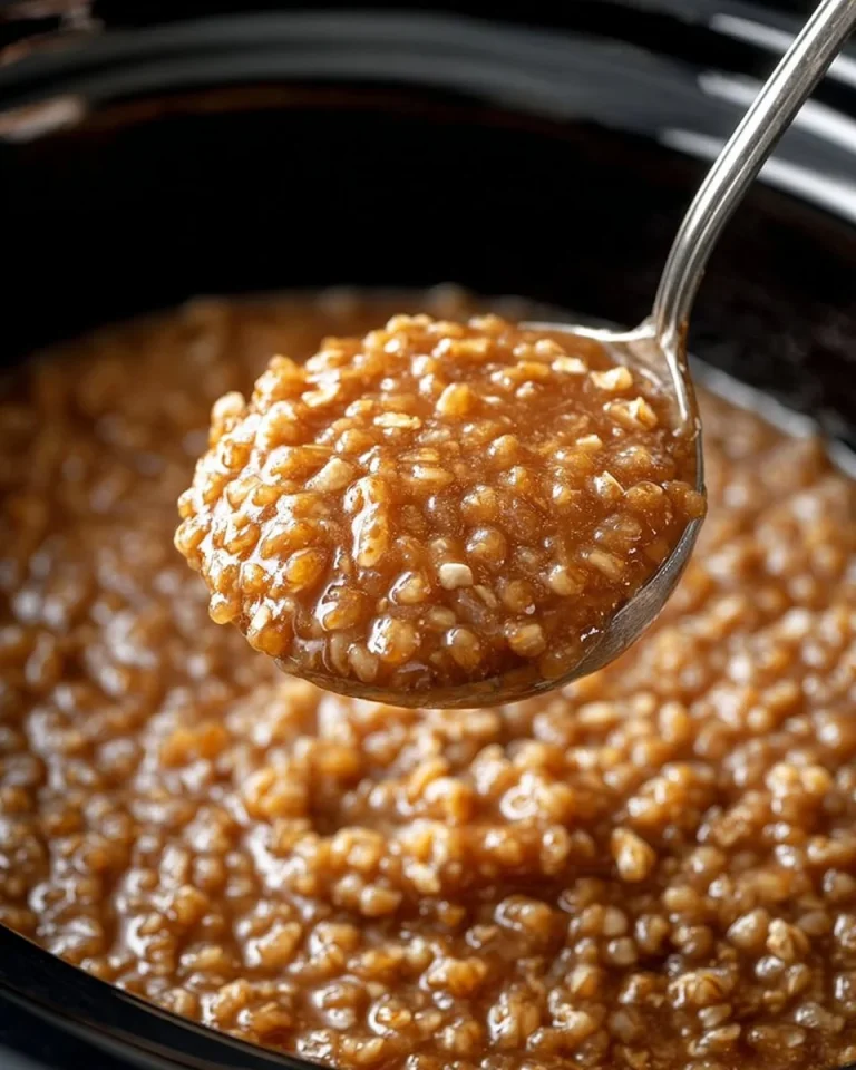 Slow cooker beef and rice casserole in a ceramic dish topped with fresh herbs