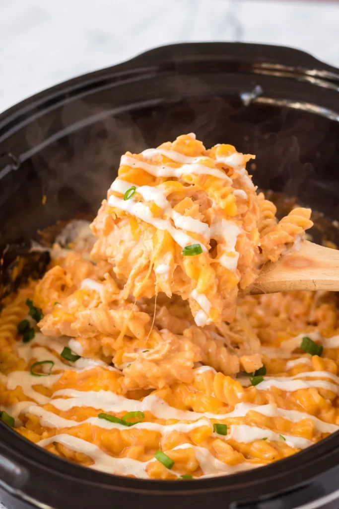 Slow Cooker Buffalo Chicken Mac and Cheese in a serving bowl