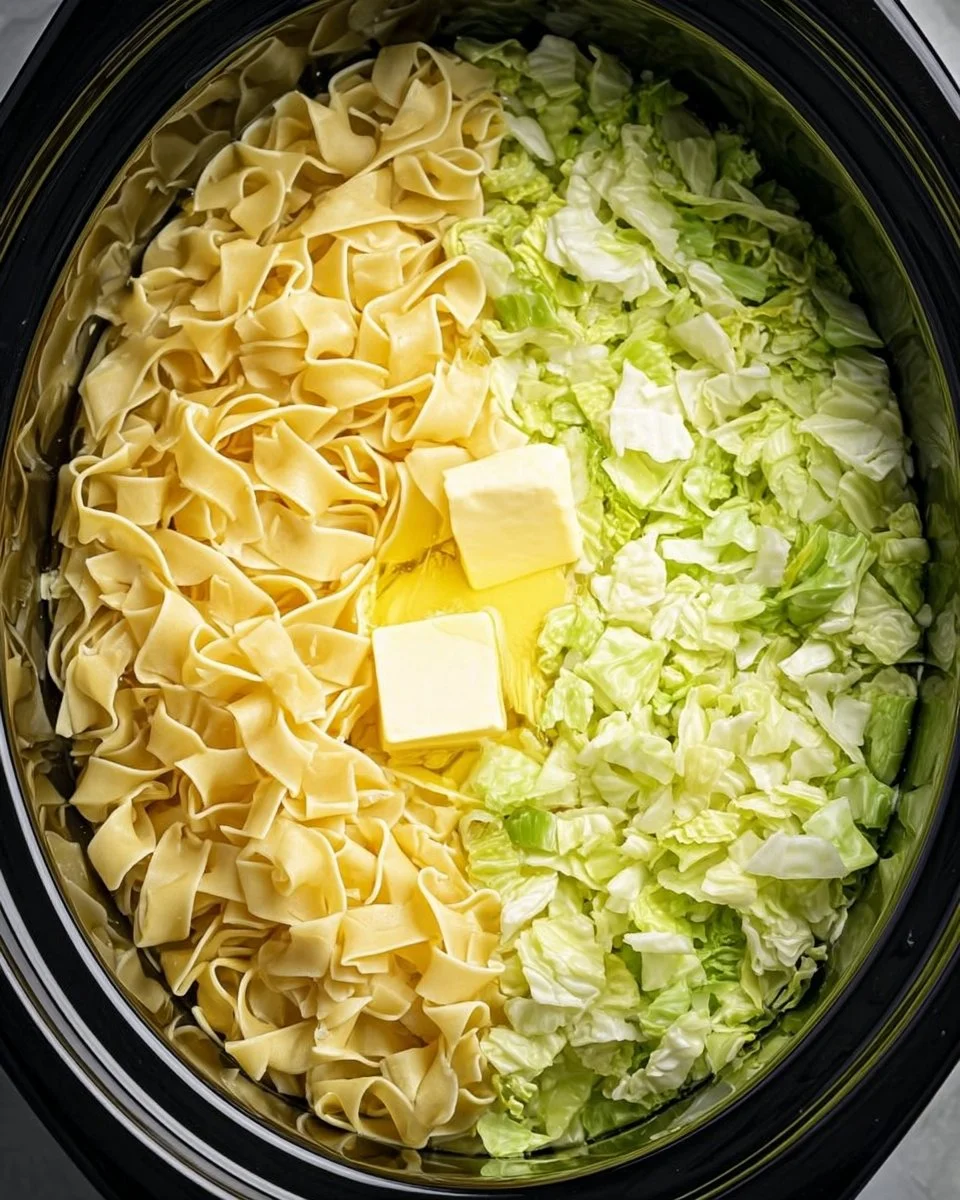 Bowl of slow cooker cabbage and noodles served with a sprinkle of herbs