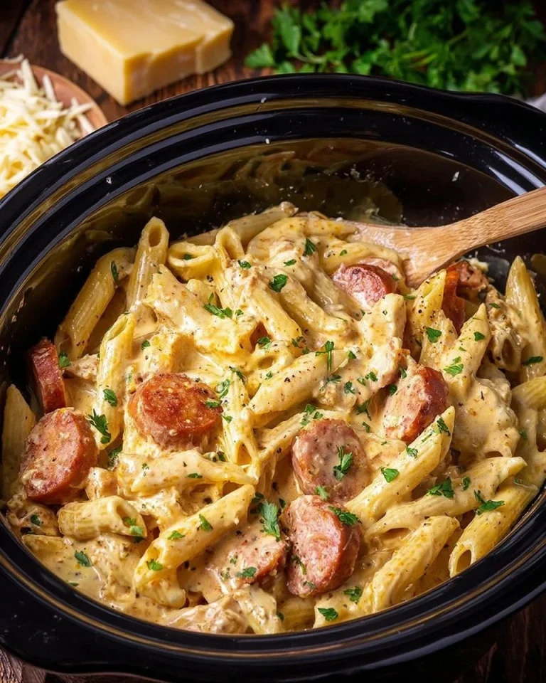 Delicious Slow Cooker Cajun Sausage Alfredo served in a bowl