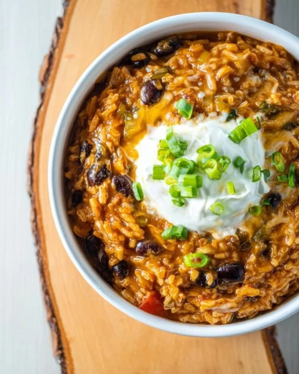 Slow cooker cheesy chicken taco rice with toppings in a bowl