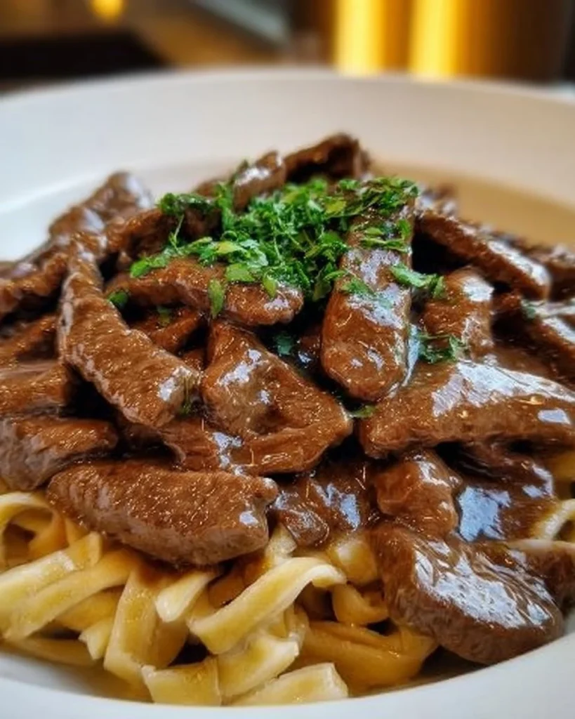 A bowl of slow cooker creamy beef stroganoff garnished with parsley.