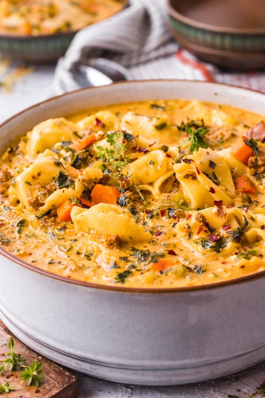 Slow Cooker Creamy Tortellini Soup Bowl of slow cooker creamy tortellini soup with herbs and fresh ingredients.