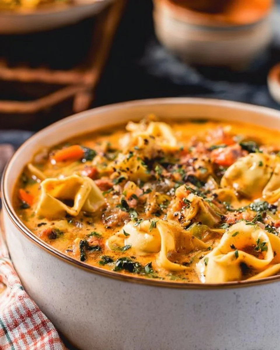 Slow Cooker Creamy Tortellini Soup Bowl of slow cooker creamy tortellini soup garnished with herbs and cheese.