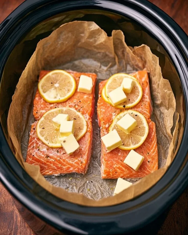 Slow Cooker Lemon Butter Salmon dish with lemon slices and fresh herbs