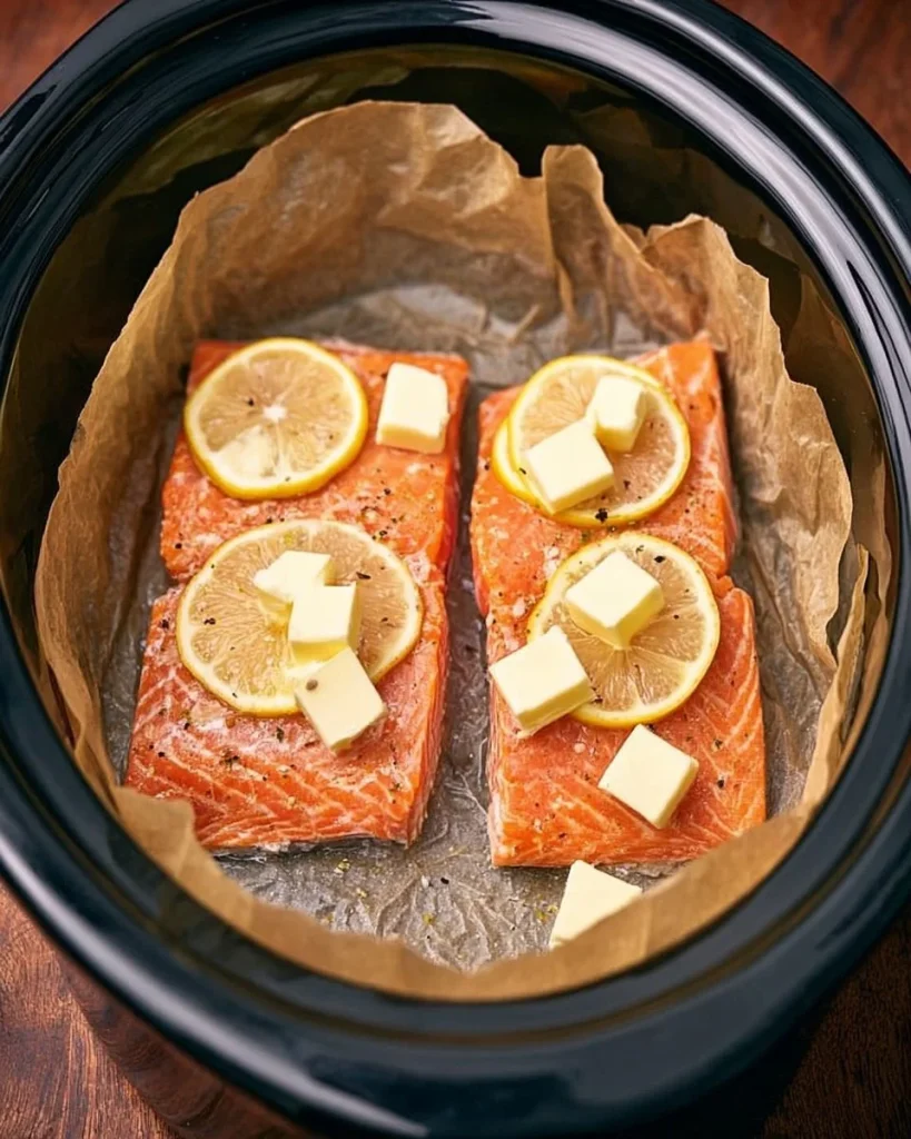 Slow Cooker Lemon Butter Salmon dish with lemon slices and fresh herbs