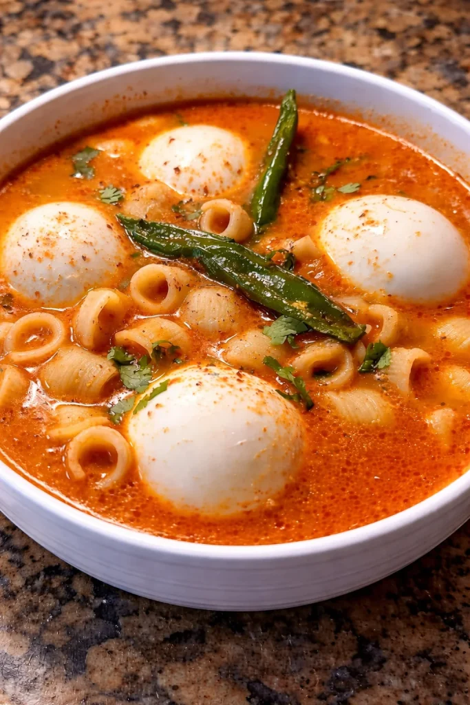 Soup with shell pasta and boiled eggs