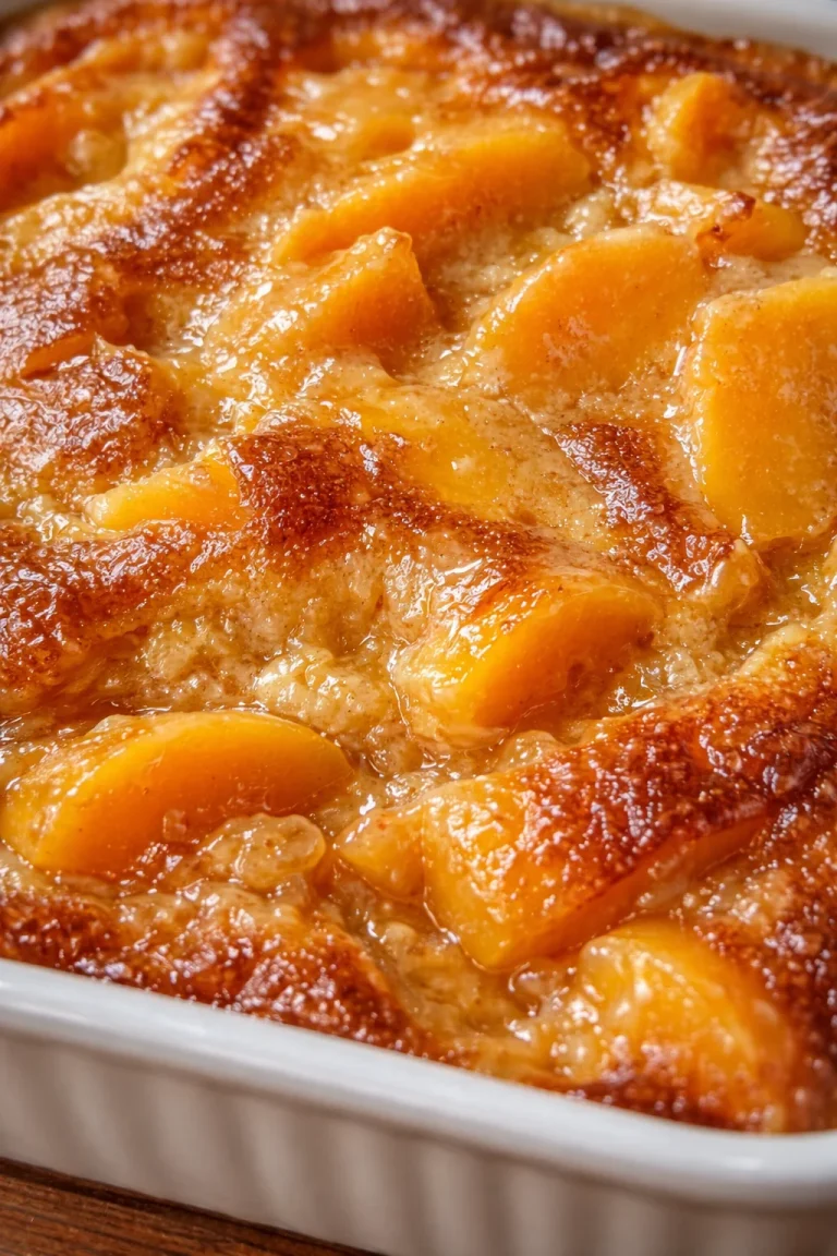 Delicious Southern Style Tennessee Peach Pudding served in a bowl with fresh peaches
