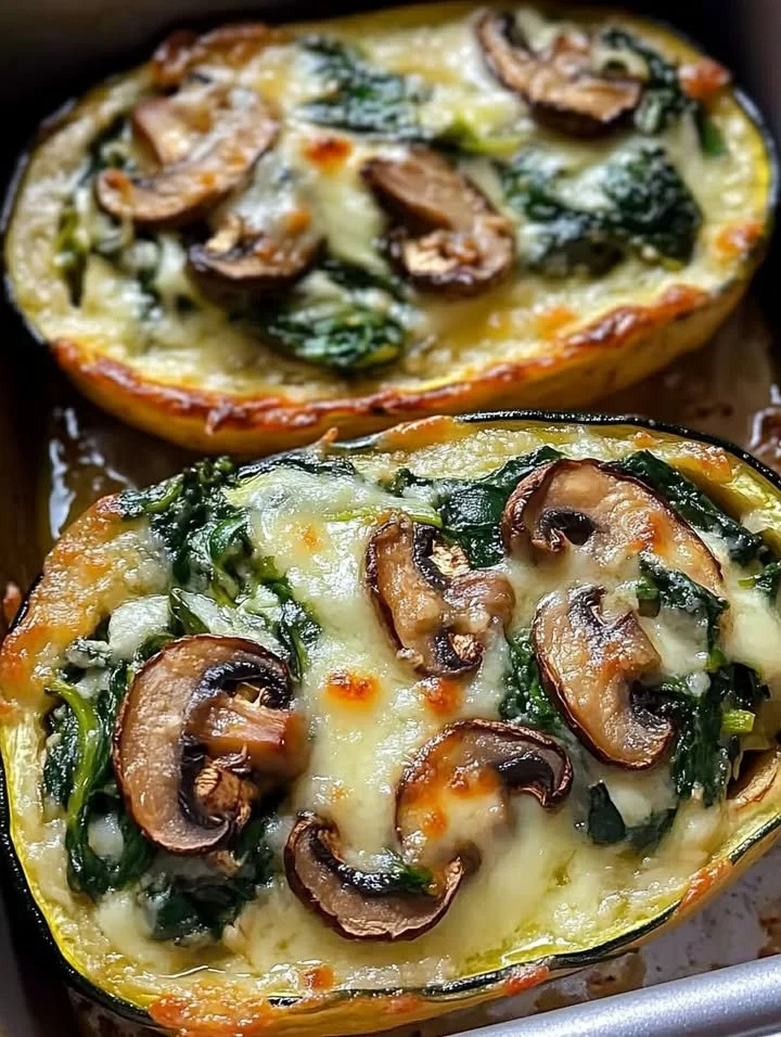 Spinach, Mushroom, and Ricotta stuffed zucchini boats arranged on a plate