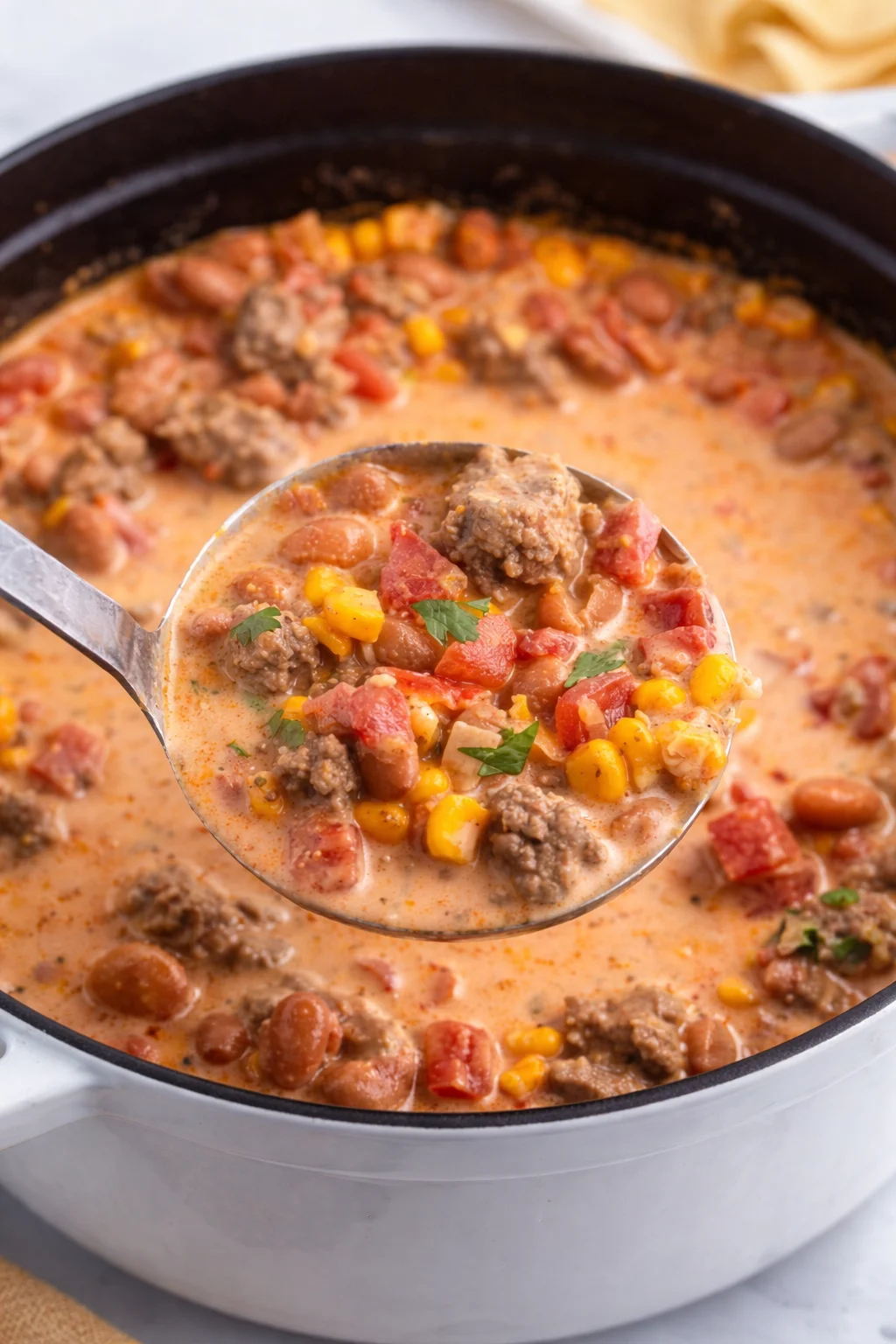 Bowl of hearty Taco Soup garnished with cheese and cilantro