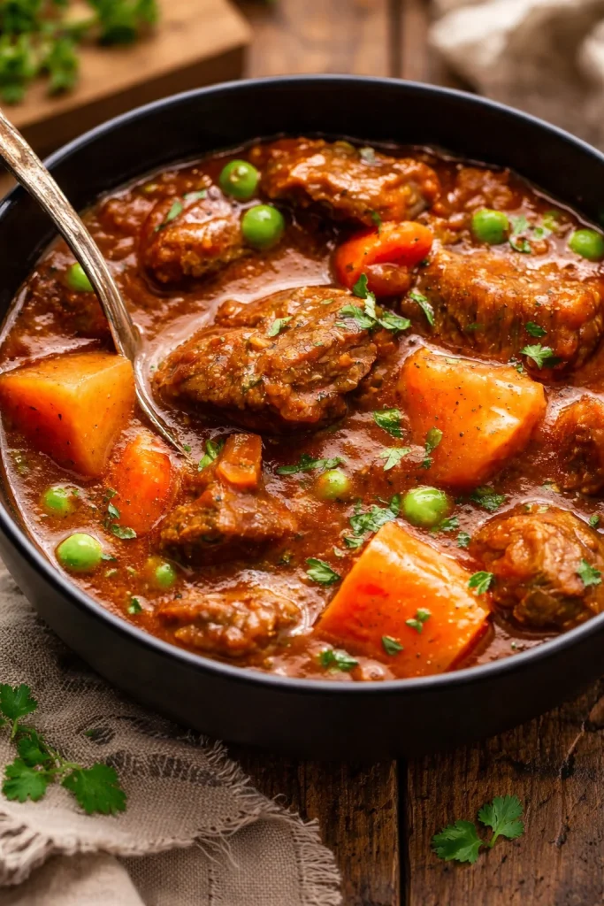 A bowl of tender beef stew with vegetables and herbs, steaming hot and savory.