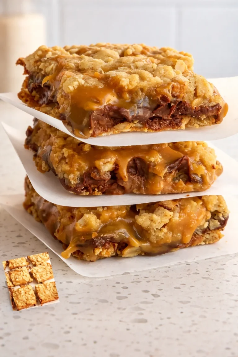 Delicious Carmelitas: buttery oatmeal bars with chocolate chips and caramel sauce.