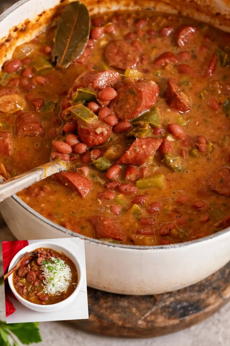 Bowl of Louisiana-style Red Beans and Rice with Andouille sausage and spices.
