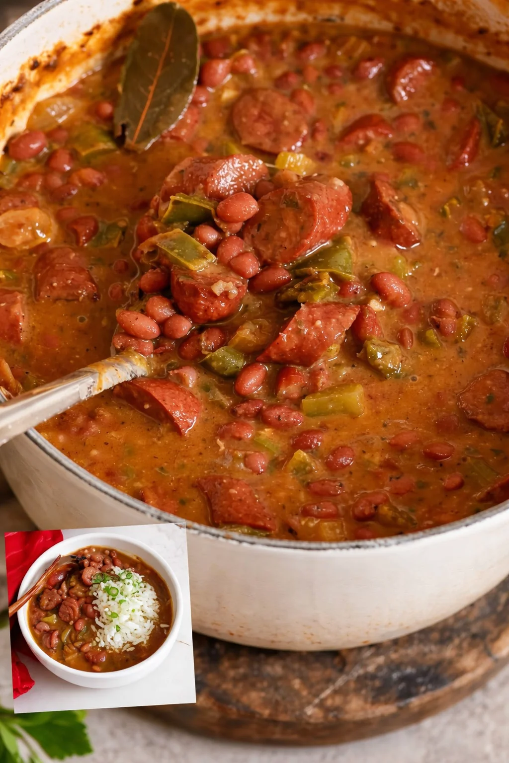 Bowl of Louisiana-style Red Beans and Rice with Andouille sausage and spices.