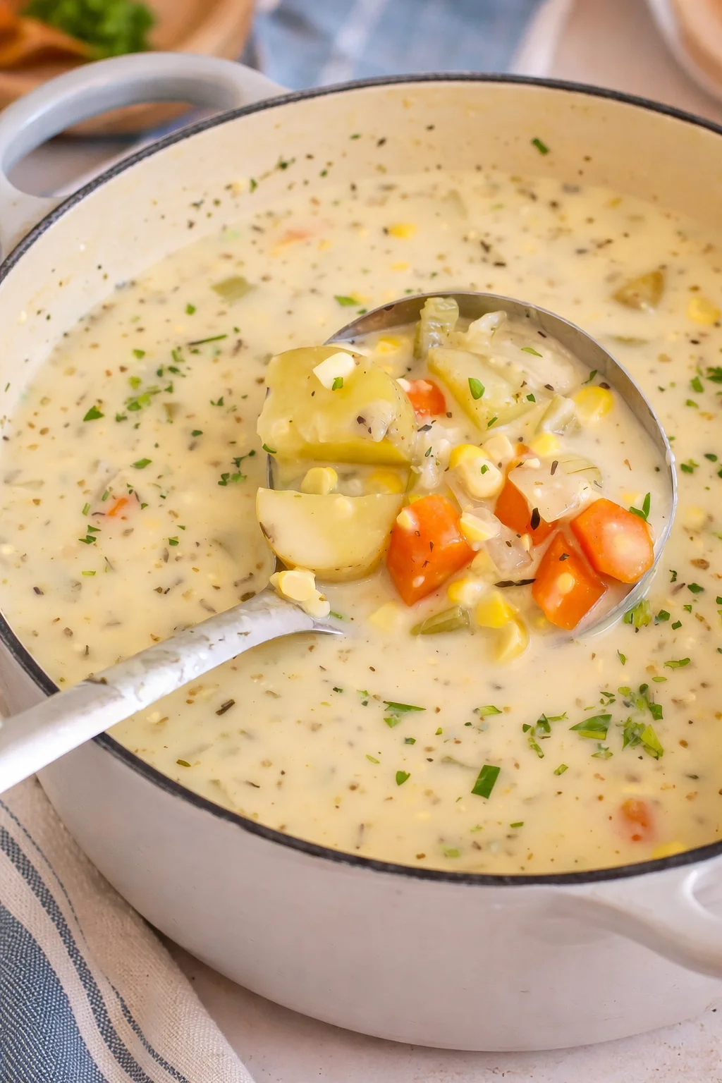 Bowl of delicious potato corn chowder with sweet corn, onions, and spices