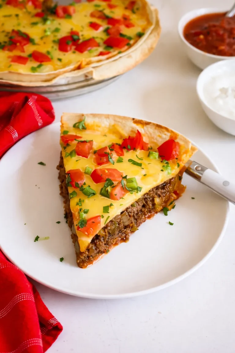 This delicious taco pie is loaded with seasoned ground beef, onions, garlic, and green chiles, in a flour tortilla crust, and topped with melty queso cheese. Customize the toppings to suit your taste. Delicious taco pie with seasoned beef, cheese, and fresh toppings in a tortilla crust