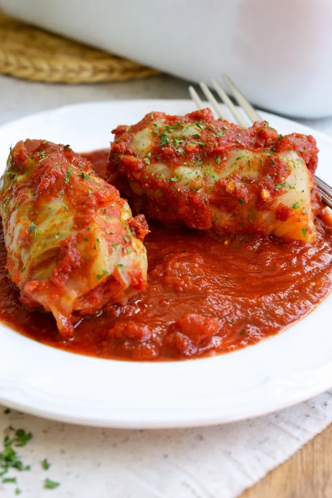 Delicious Polish stuffed cabbage rolls with sausage, beef, and rice in tomato sauce.