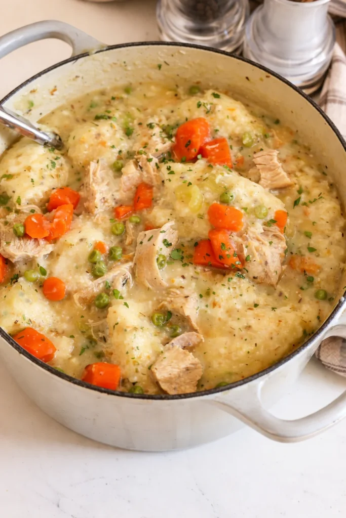 Bowl of chicken and dumplings with tender chicken, vegetables, and fluffy dumplings.