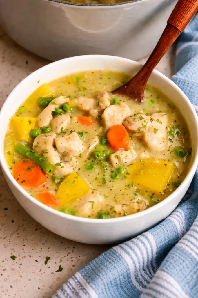 Delicious Chicken Stew with vegetables in creamy broth