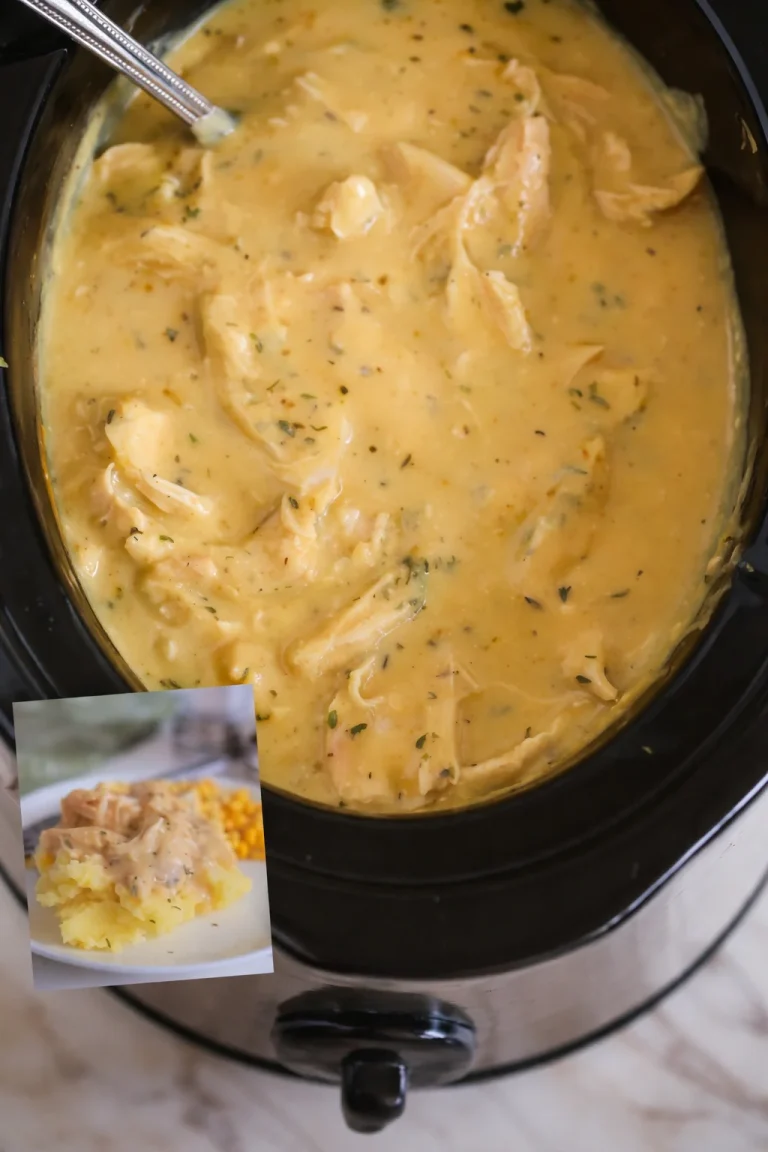 Crockpot chicken with gravy in a bowl, showcasing tender chicken and delicious sauce.
