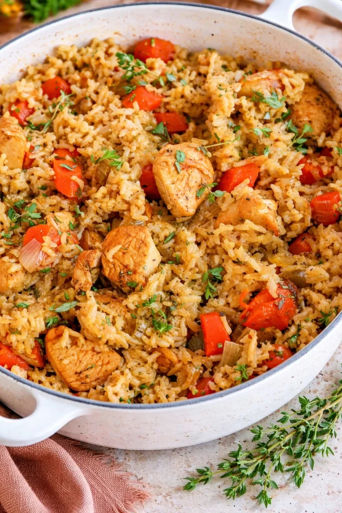 This easy one-pot Chicken and Rice Recipe combines bite-sized, golden-brown chicken pieces with veggies and jasmine rice, seasoned with a tasty blend of spices.