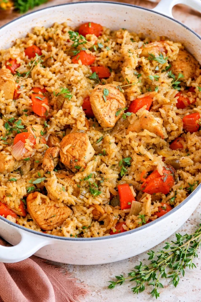 One-pot Chicken and Rice dish with golden chicken, vegetables, and jasmine rice