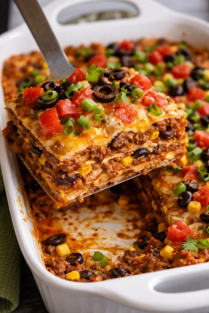 Delicious Chicken Enchilada Casserole with layers of chicken, tortillas, and enchilada sauce.