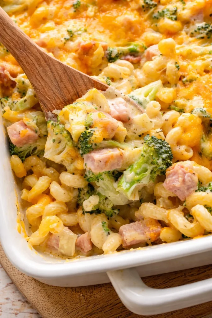 Ham casserole with pasta, broccoli, and creamy cheese sauce baked to perfection