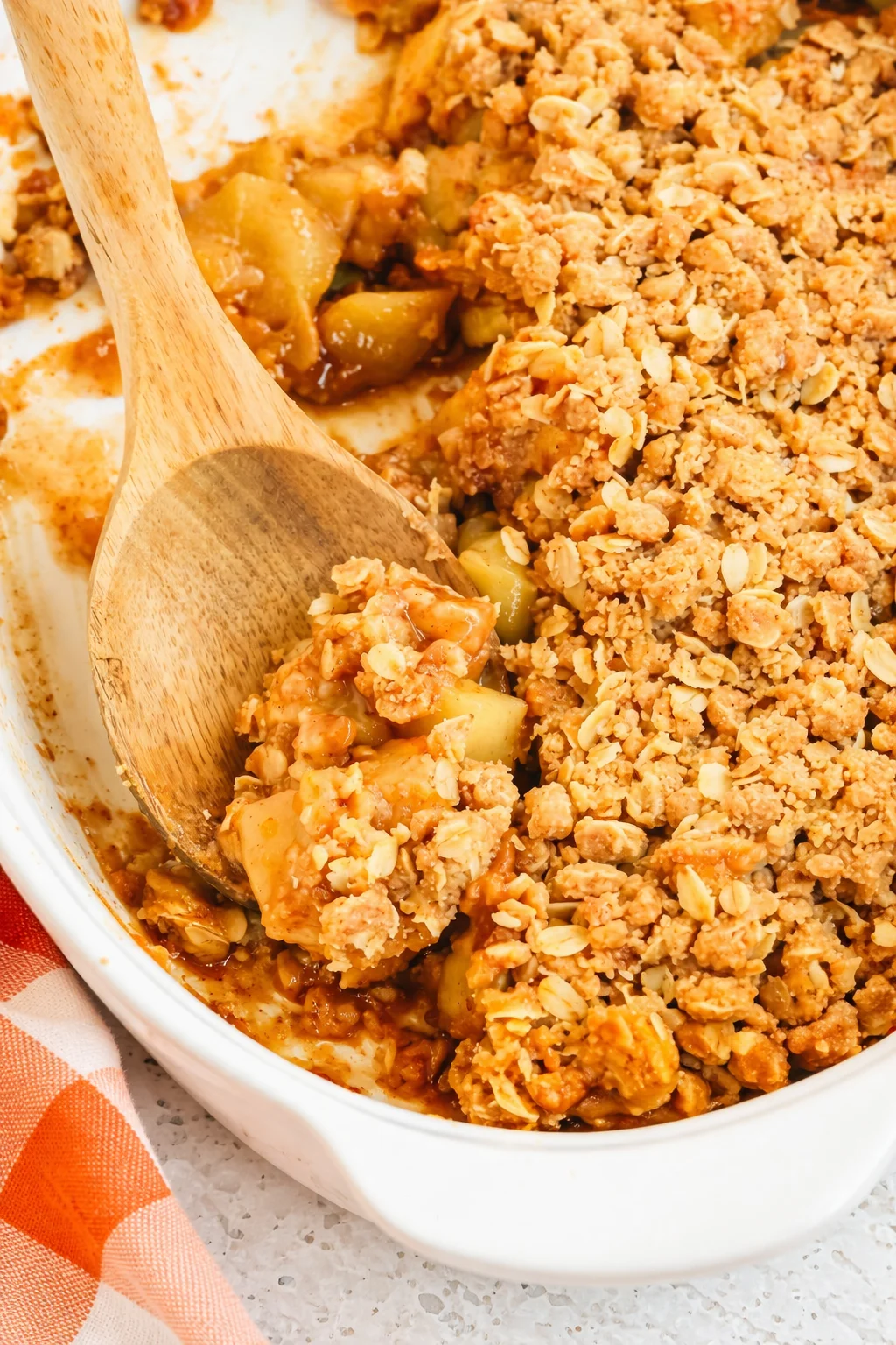 Delicious apple crumble topped with a brown sugar and cinnamon oat topping.