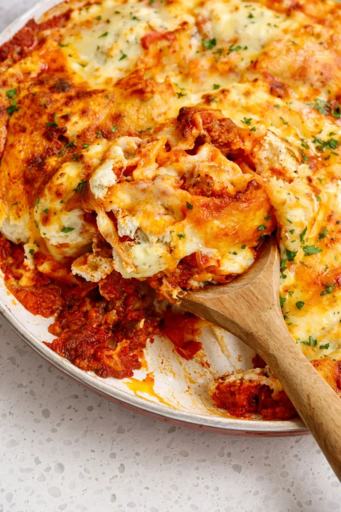 Skillet lasagna with Italian sausage, marinara sauce, ricotta, and mozzarella cheese.
