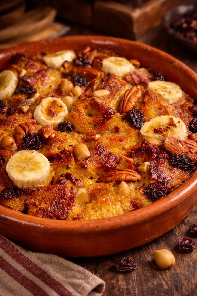 Delicious traditional Mexican capirotada dessert with spices and toppings.