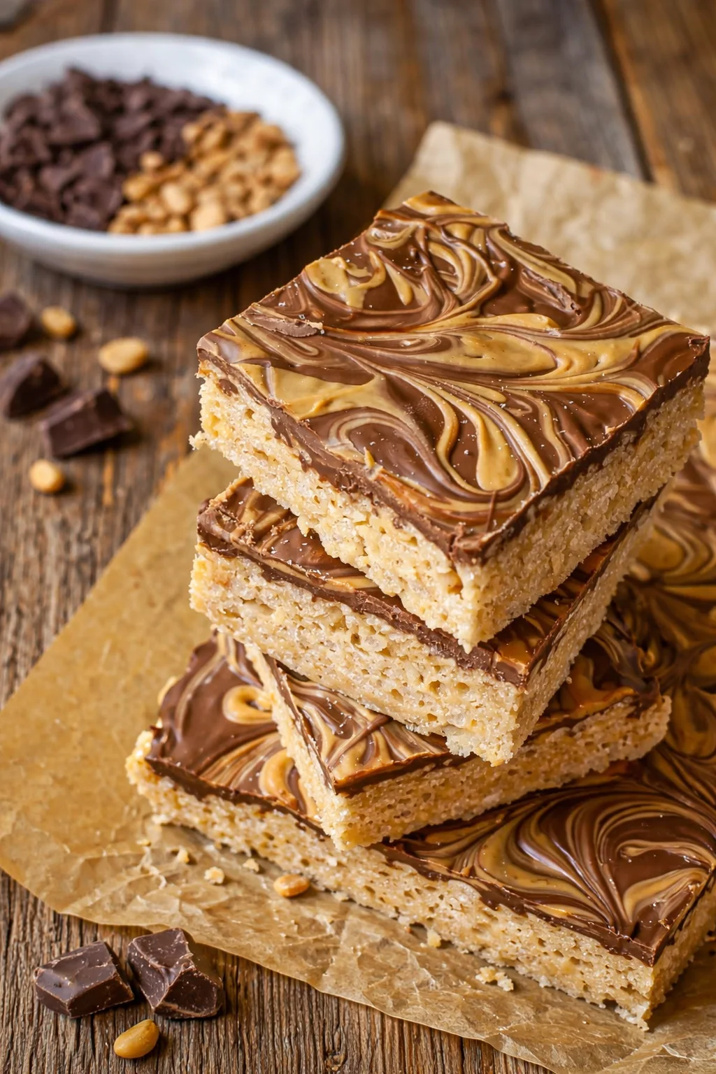 Twisted Scotcheroos dessert topped with chocolate and butterscotch.