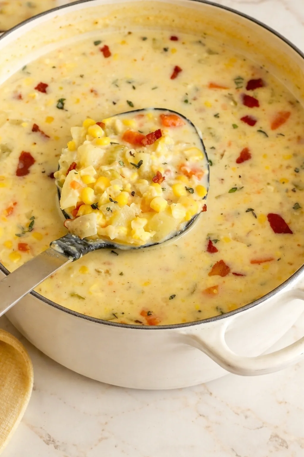 Delicious bowl of warm corn chowder topped with herbs and spices