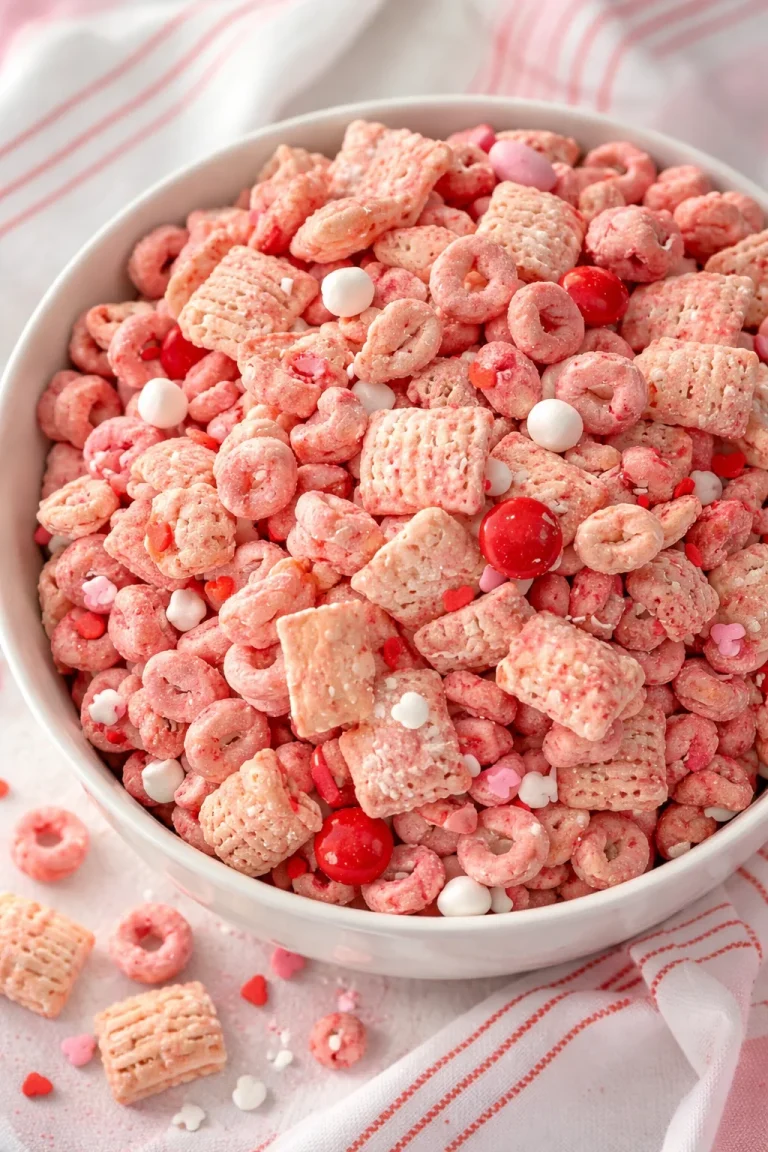 WHITE CHOCOLATE STRAWBERRY MUDDY BUDDIES! Delicious white chocolate strawberry muddy buddies with a pink hue