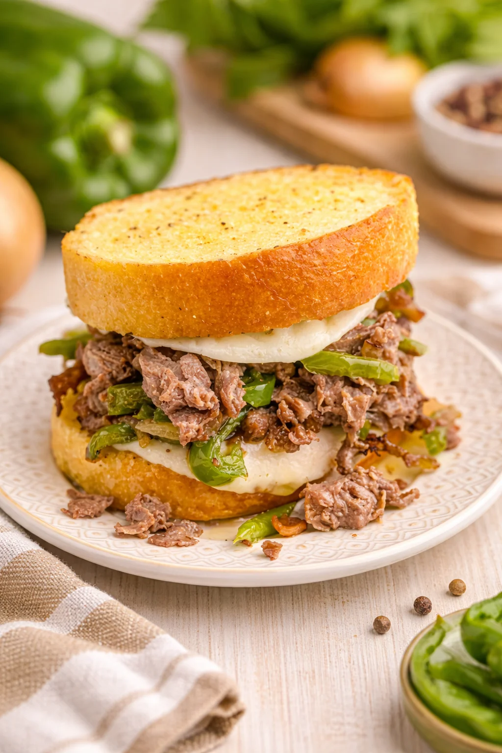 Air Fryer Philly Cheese Steaks Air Fryer Philly Cheese Steaks served on a plate with melted cheese and toppings.