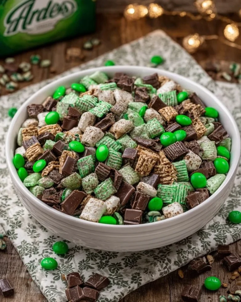 Andes Mint Muddy Buddies Bowl of Andes Mint Muddy Buddies snack with mint chocolate flavor