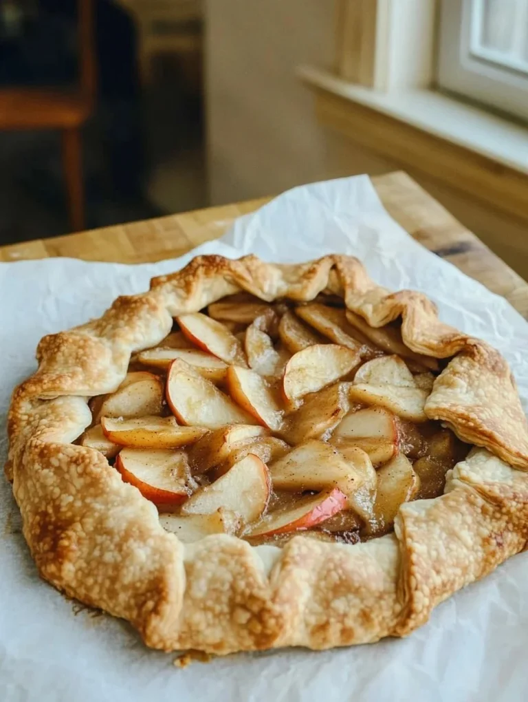 Freshly baked apple galette with flaky crust and sliced apples