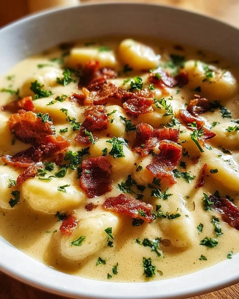 Bowl of creamy bacon cheddar gnocchi soup topped with herbs and cheese