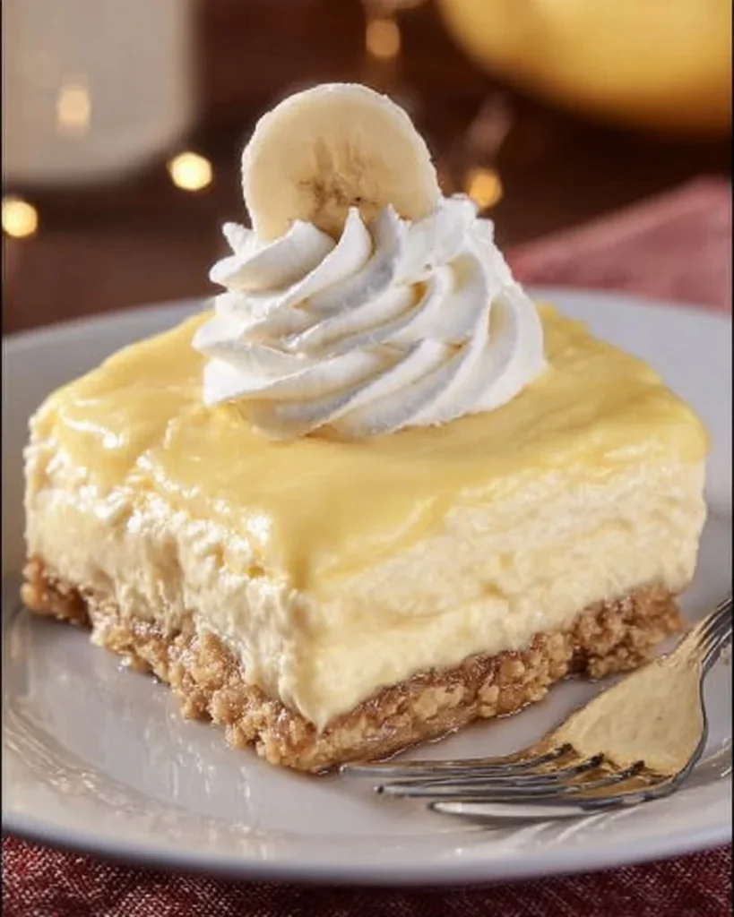 Delicious Banana Cream Cheesecake Bars with a creamy topping and banana slices