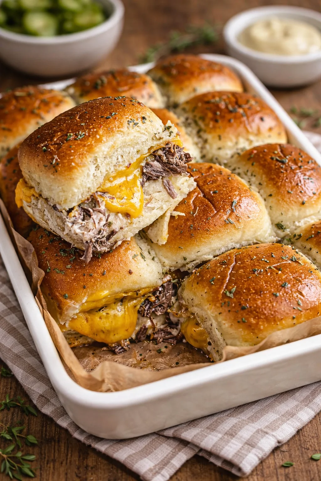 Plate of Beef and Cheddar Sliders garnished with fresh herbs.