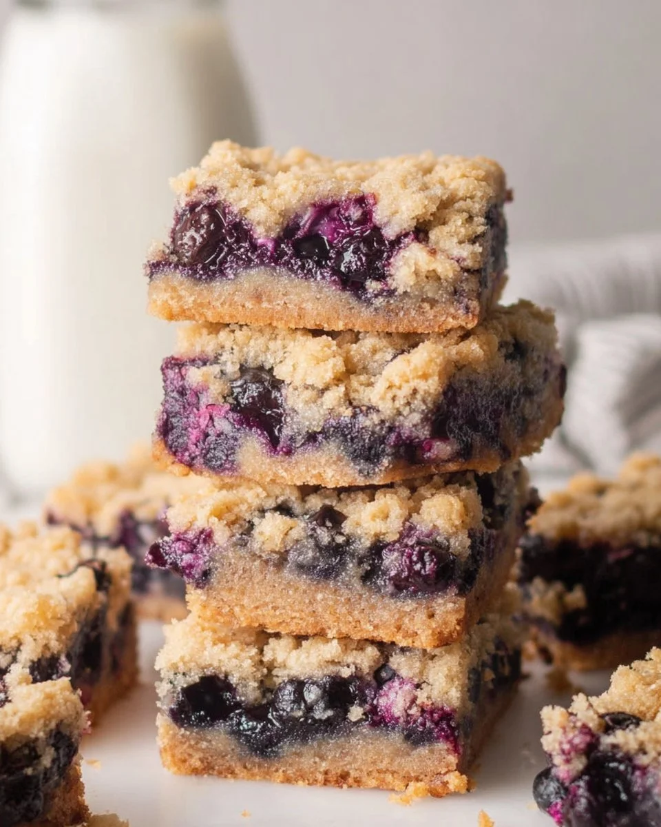 Delicious blueberry crumb bars with a golden crumb topping and fresh blueberries.