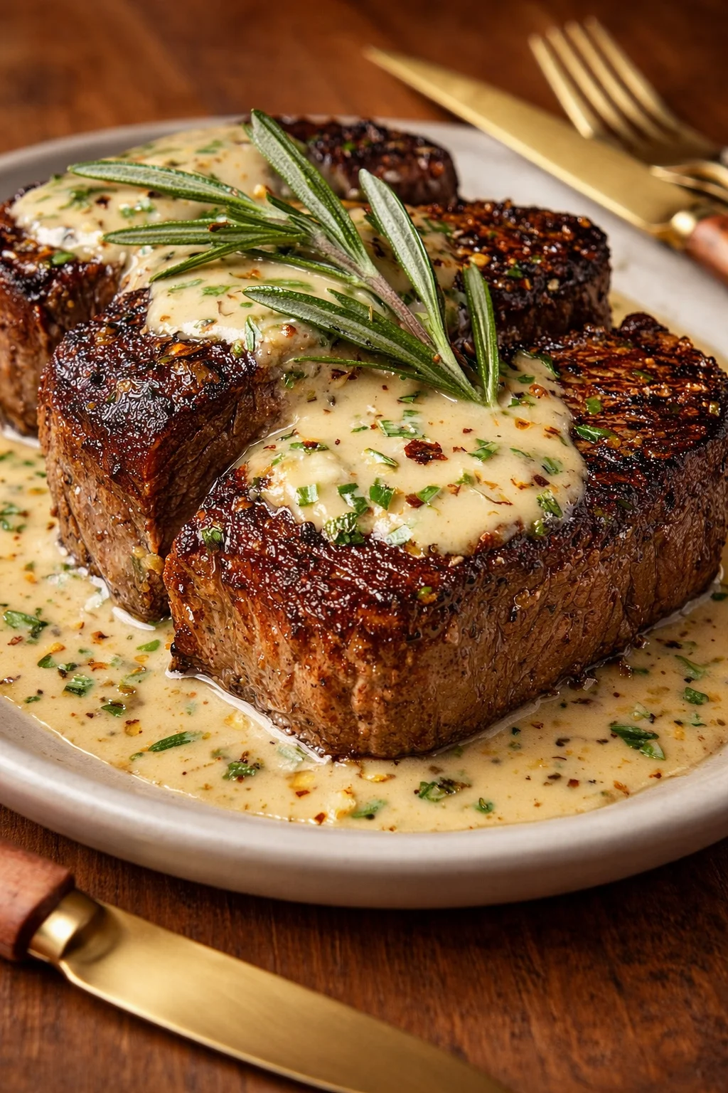 Bourbon Garlic Cream Sauce Ribeye Steak garnished with herbs