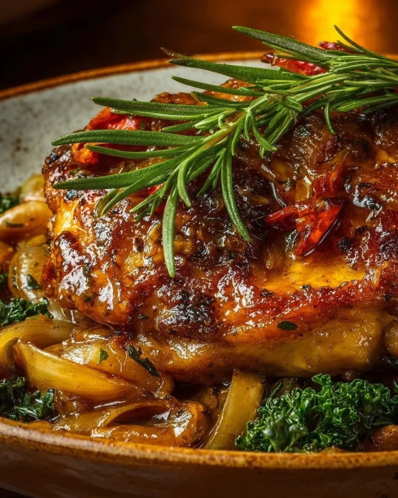 Deliciously braised Catalina Chicken served on a plate with herbs.