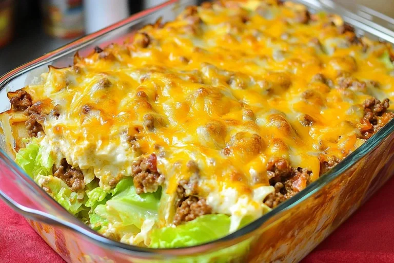 Delicious cabbage roll casserole topped with cheese and herbs in a baking dish.