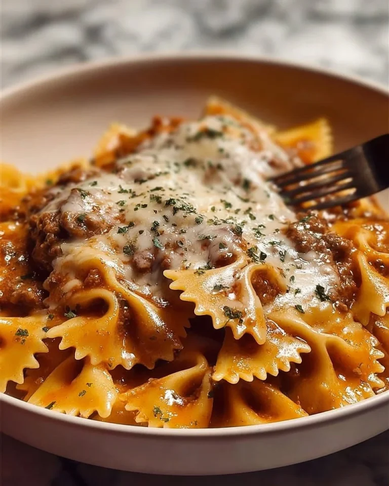 Cajun Garlic Butter Beef with Cheesy Bowtie Pasta served on a plate